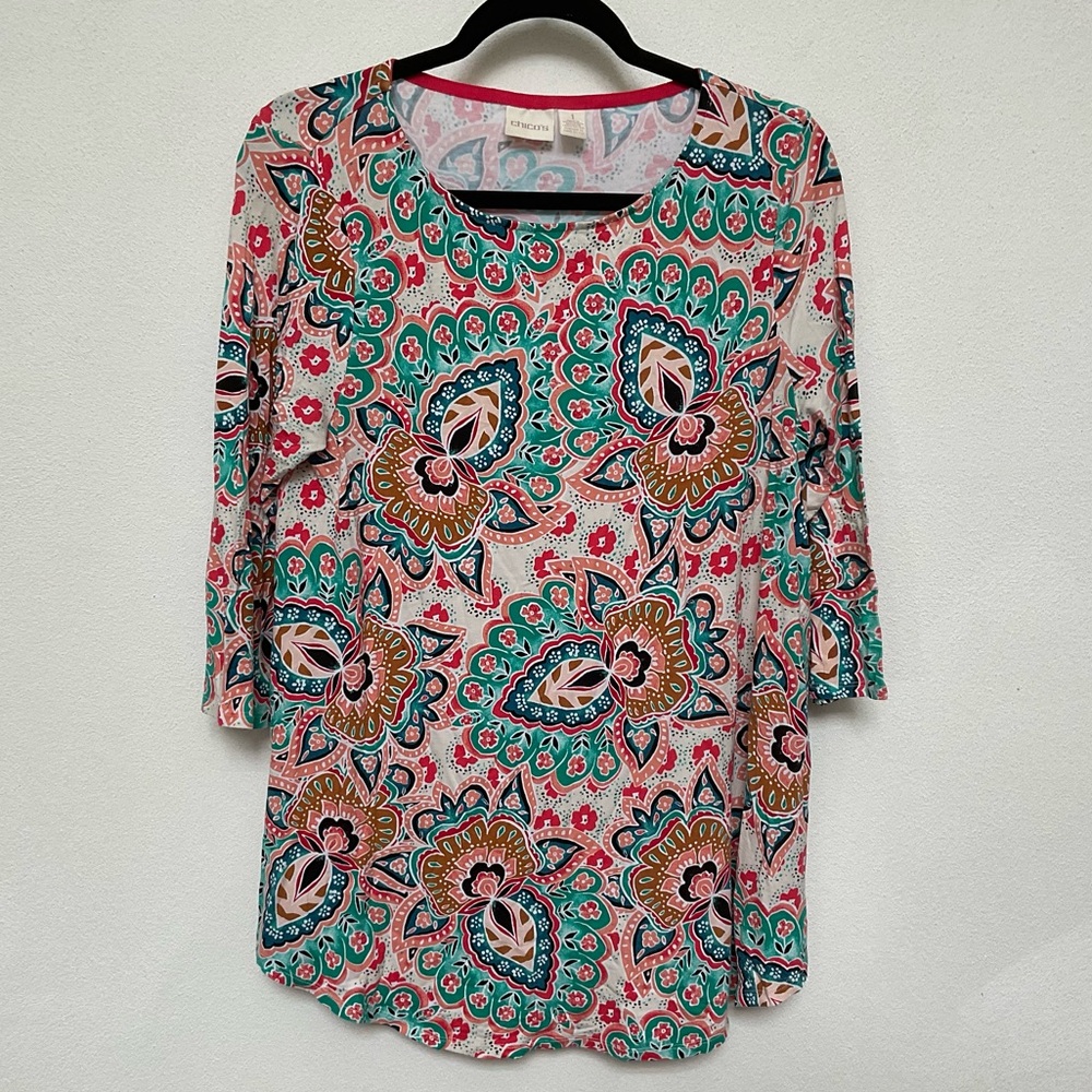 Chico's Pastel Pink, Blue Patterned Floral Pattern 3/4 Sleeve Top Size 1 US M/8